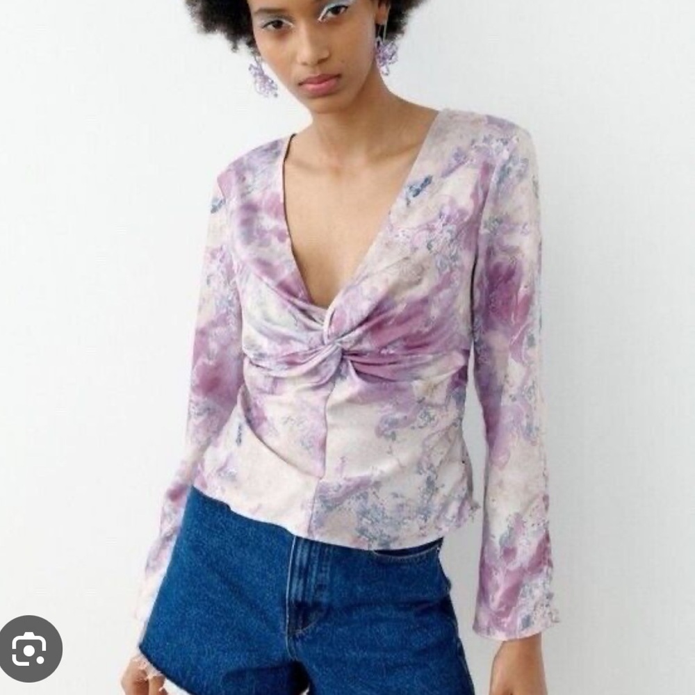 Zara Purple Marble Satin Effect Long Sleeve Top